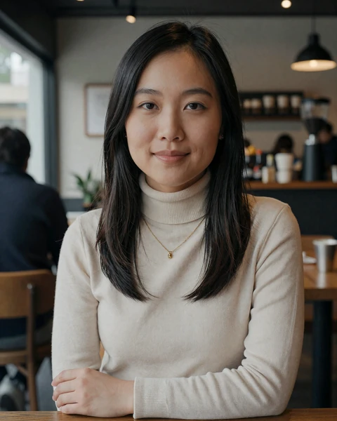 Verified Dremeet member Linh, 29, at a Seattle coffee bar