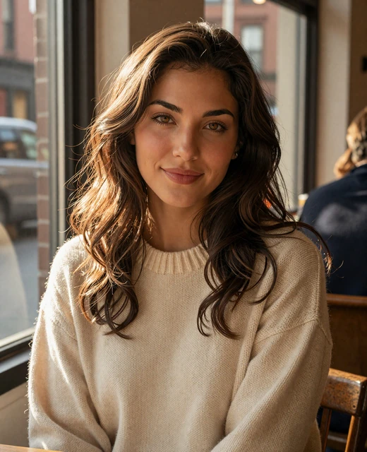 Verified Dremeet member Ava, 29, smiling at a sunlit cafe window