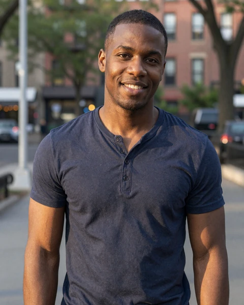 Verified Dremeet member Jordan, 33, smiling in a Brooklyn park